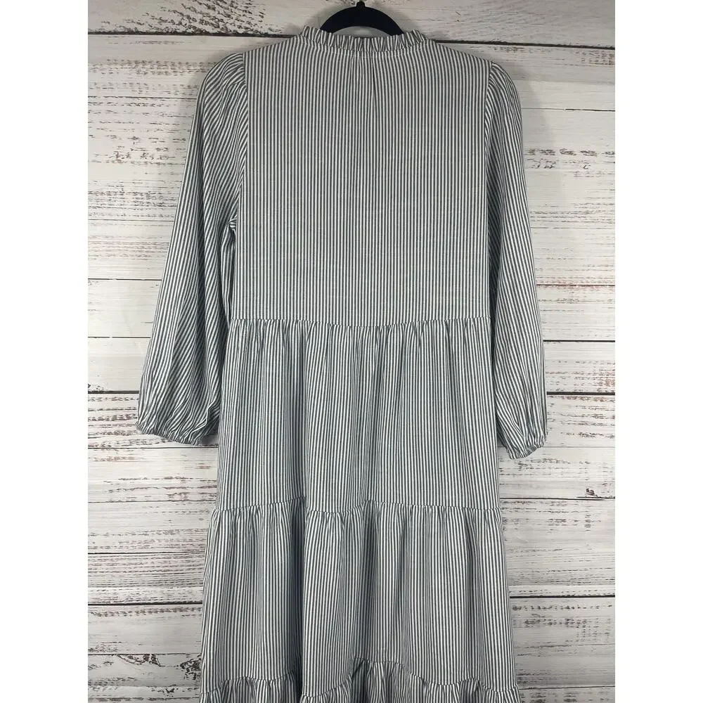 New Collection Dress Womens Small Blue Stripe Embroidered Floral Boho Swing Maxi - Picture 7 of 10
